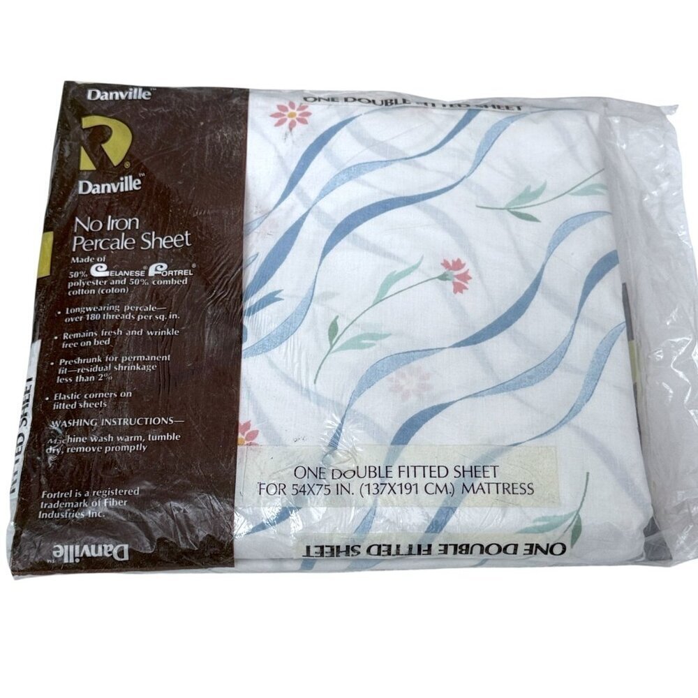Vintage Fitted Sheet Full Size Blue Bow Floral by Danville No Iron Percale